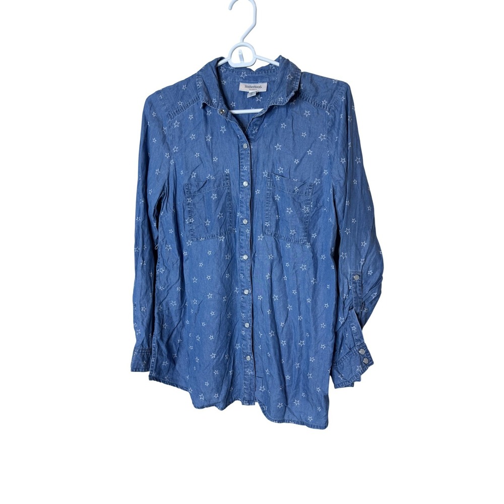 Motherhood Maternity Shirt Womens Small Blue Star Chambray Long‎ Sleeve Top